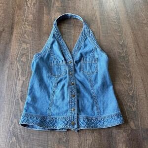 Y2K Denim Halter Top Button Front Jean Vest Size Small